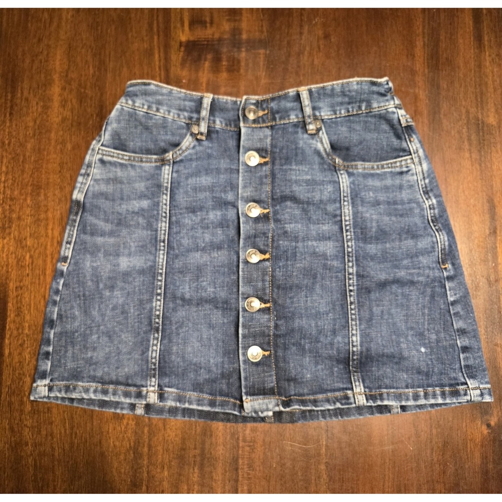 Aerie Denim Mini Skirt Button Front Dark Blue Wash Elastic Back Small Preppy